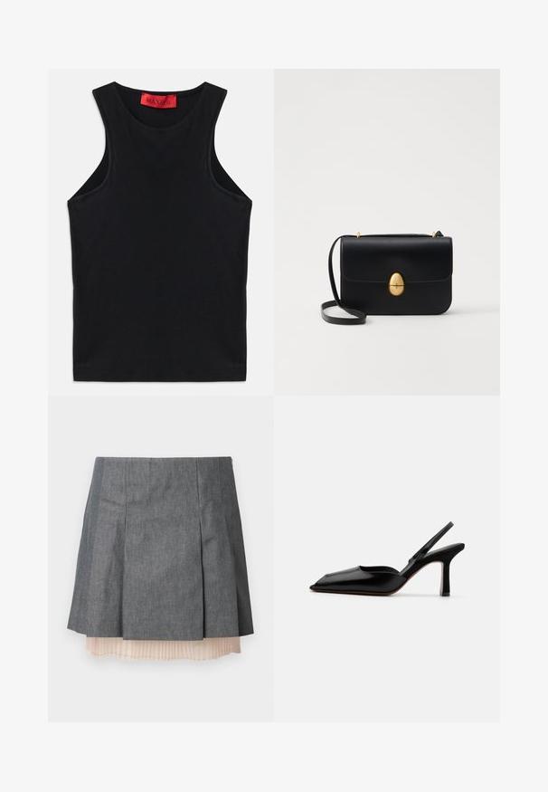 Top negru fără mâneci, fabricat din bumbac moale. Featurează un gât rotund și un tiv standard. Design simplu, fără modele sau accente vizibile.; Fustă plisată gri cu un finisaj texturat, având o subțire plisată semi-transparentă de culoare roz deschis și închidere cu fermoar pe lateral.; Sandale din piele neagră cu toc, cu vârf ascuțit, design minimalist, curea subțire la gleznă și toc subțire elegant. Textură netedă.; Geantă de mână din piele neagră, cu o formă rectangulară structurată. Are un capac oval auriu și o curea subțire pentru umăr. Textură netedă.