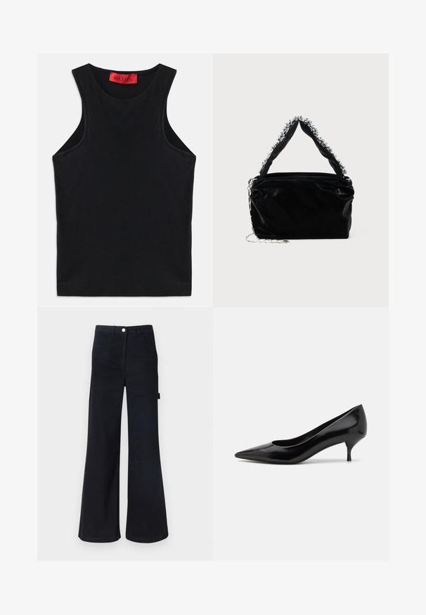 Top sans manches noir en coton doux. Présente un col rond et un ourlet standard. Design simple, sans motifs ni accents visibles.; Pantalons évasés noirs à taille haute en tissu robuste. Comprend cinq poches et une fermeture à bouton en métal à la taille.; Chaussure à talon haut en cuir verni noir avec un bout pointu et un talon stiletto bas. Texture lisse et design minimaliste, sans motifs ni accents visibles.; Sac à main en simili cuir noir avec une finition texturée, doté d'un accent en perles argentées le long de la anse supérieure et d'une bandoulière en chaîne.