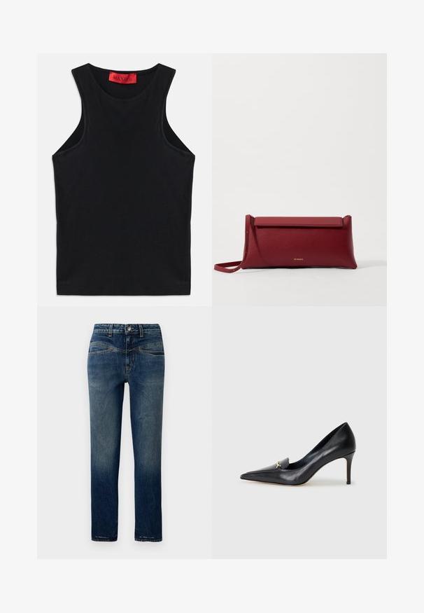 Top senza maniche nero realizzato in morbido cotone. Presenta un colletto rotondo e un orlo standard. Design semplice, senza motivi o accenti visibili.; Jeans in denim blu scuro con taglio dritto, caratterizzati da leggera sfumatura, cuciture arancioni e chiusura con bottone in vita.; Décolleté in pelle nera con punta affusolata, scollatura bassa e un accento decorativo dorato. Presenta un tacco a stiletto e una superficie liscia.; Borsa a pochette rossa in pelle con finitura texturizzata, dotata di un sopra pieghevole piatto e di una tracolla corta. Logo del marchio discreto sulla parte anteriore.
