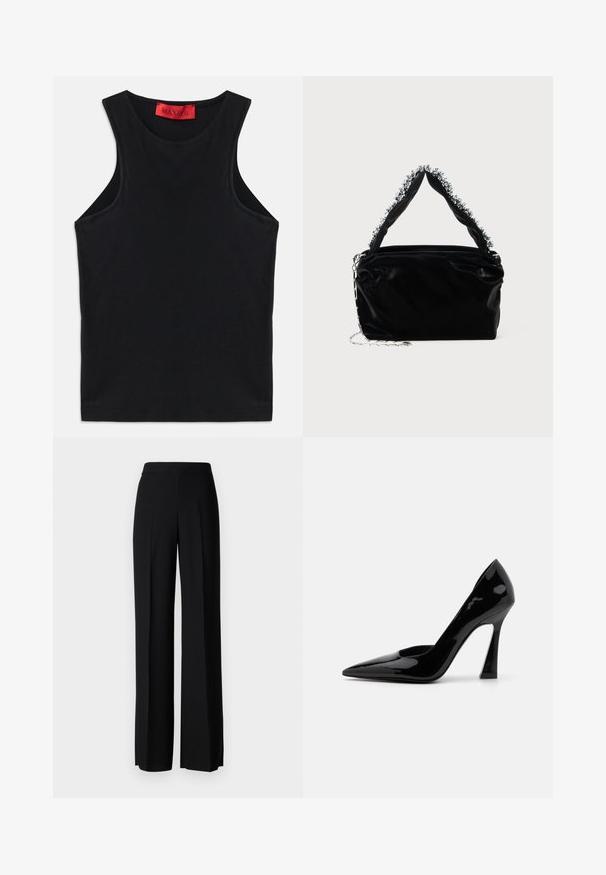 Top sans manches noir en coton doux. Présente un col rond et un ourlet standard. Design simple, sans motifs ni accents visibles.; Pantalons noirs à jambes larges avec une texture lisse, dotés d'une taille haute et de plis centraux. Pas de motifs visibles ni de détails en matériel.; Pompe à talon aiguille en cuir verni noir avec un bout pointu et un talon aiguille angulaire, arborant une texture lisse et brillante.; Sac à main en simili cuir noir avec une finition texturée, doté d'un accent en perles argentées le long de la anse supérieure et d'une bandoulière en chaîne.