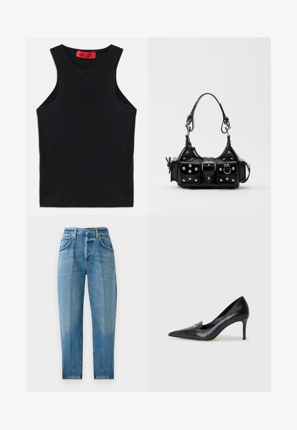 Top sans manches noir en coton doux. Présente un col rond et un ourlet standard. Design simple, sans motifs ni accents visibles.; Jean en denim bleu clair, coupe droite, design à cinq poches, délavage, fermeture éclair avec bouton, et détails de couture visibles.; Escarpin en cuir noir avec un bout pointu, un décolleté bas et un ornement doré décoratif. Doté d'un talon aiguille et d'une texture lisse.; Sac à main en cuir noir au design courbé, avec des clous en argent, une boucle et deux poches latérales. Bandoulière réglable pour différentes options de transport.