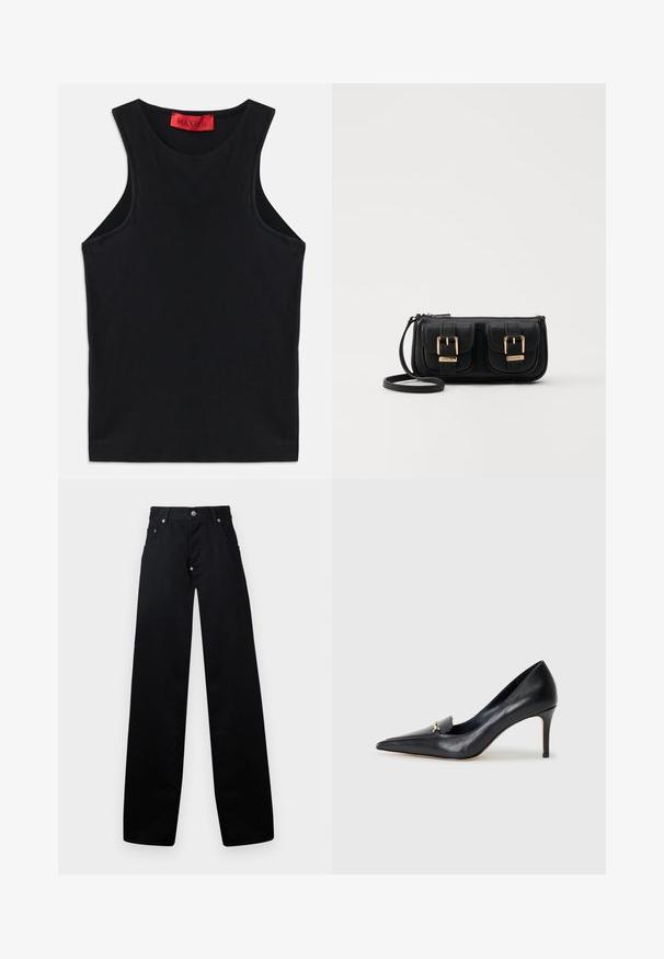 Top sans manches noir en coton doux. Présente un col rond et un ourlet standard. Design simple, sans motifs ni accents visibles.; Pantalons larges noirs en coton, avec une fermeture éclaire, deux poches avant et un design classique à cinq poches avec des accents en métal.; Escarpin en cuir noir avec un bout pointu, un décolleté bas et un ornement doré décoratif. Doté d'un talon aiguille et d'une texture lisse.; Sac en cuir noir porté en travers avec deux poches avant, boucles dorées, fermeture zippée et une sangle fine. Surface texturée et forme rectangulaire compacte.
