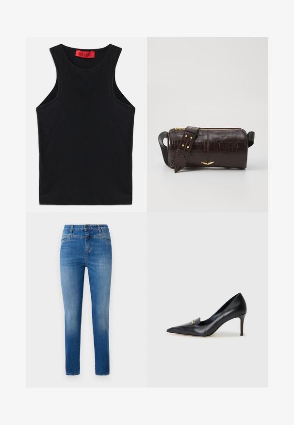 Juodas be rankovių marškinėliai, pagaminti iš minkštos medvilnės. Turi apvalų iškirpimą ir standartinį apdailą. Paprastas dizainas, be matomų raštų ar akcentų.; Klasikiniai mėlynos džinsinės kelnės su tiesiu sijonu, sukurtos su vidutinio aukščio liemeniu, priekinėmis kišenėmis ir oranžinėmis siūlėmis.; Juodas odinis aukštakulnis batelis su smailiu pirštu, žemu iškirpimu ir dekoratyviu auksiniu akcentu. Yra stiletto kulnas ir glotnus paviršius.; Ruda krokodilo odspaudo odinė rankinė cilindro formos, su auksinėmis detalėmis ir nuimamu dirželiu, papuoštu studelėmis.