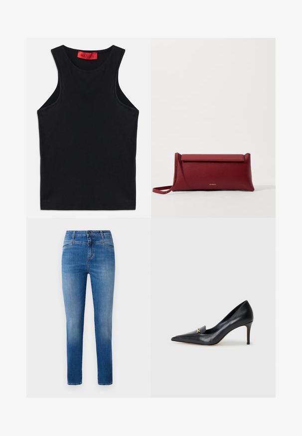 Top sin mangas negro hecho de algodón suave. Presenta un escote redondo y un dobladillo estándar. Diseño simple, sin patrones ni acentos visibles.; Pantalones vaqueros clásicos de denim azul con corte recto, diseñados con una cintura de altura media, bolsillos frontales y detalles de costura en color naranja.; Zapato de piel negra con punta afilada, escote bajo y un detalle decorativo dorado. Cuenta con un tacón de aguja y textura suave.; Bolso de mano de cuero rojo con un acabado texturizado, que presenta una parte superior plana y un asa corta. Sutil logo de la marca en la parte frontal.