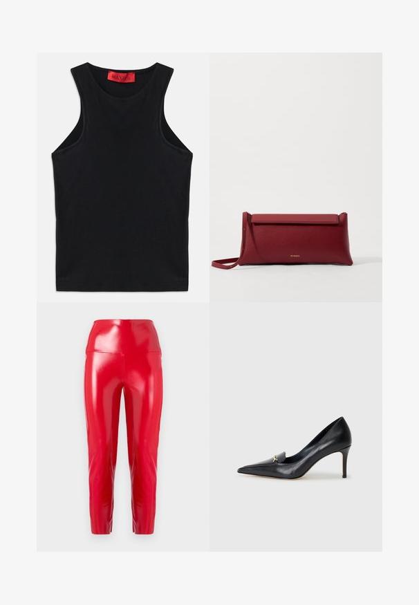 Černý bezrukávový top vyrobený z měkké bavlny. Má kulatý výstřih a standardní lem. Jednoduchý design, bez viditelných vzorů nebo akcentů.; Červené kalhoty s vysokým pasem vyrobené z lesklého, elastického materiálu. Mají zúžené nohavice a hladký, lesklý povrch bez viditelných švů či ozdob.; Černé kožené lodičky s špičatou špičkou, nízkým svrškem a dekorativním zlatým akcentem. Mají jehlový podpatek a hladkou texturu.; Červená kožená kabelka na ruku s texturovaným povrchem, s plochým sklápěcím vrchem a krátkým popruhem. Jemné logo značky vepředu.