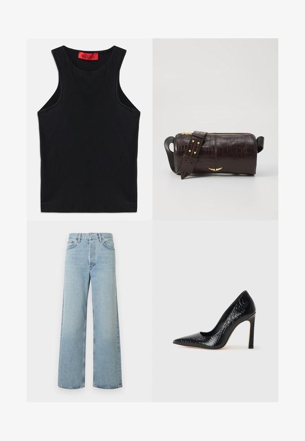 Black sleeveless top made from soft cotton. Features a round neckline and standard hem. Simple design, no visible patterns or accents.; Light blue wide-leg jeans in denim fabric with a high waist. Features five pockets, a button closure, and subtle faded texture.; Black pointed-toe high heel shoe with a crocodile-skin texture, featuring a sleek design, high stiletto heel, and smooth black interior.; Brown crocodile-embossed leather bag with a cylindrical shape, gold-tone hardware, and a detachable strap featuring studs.