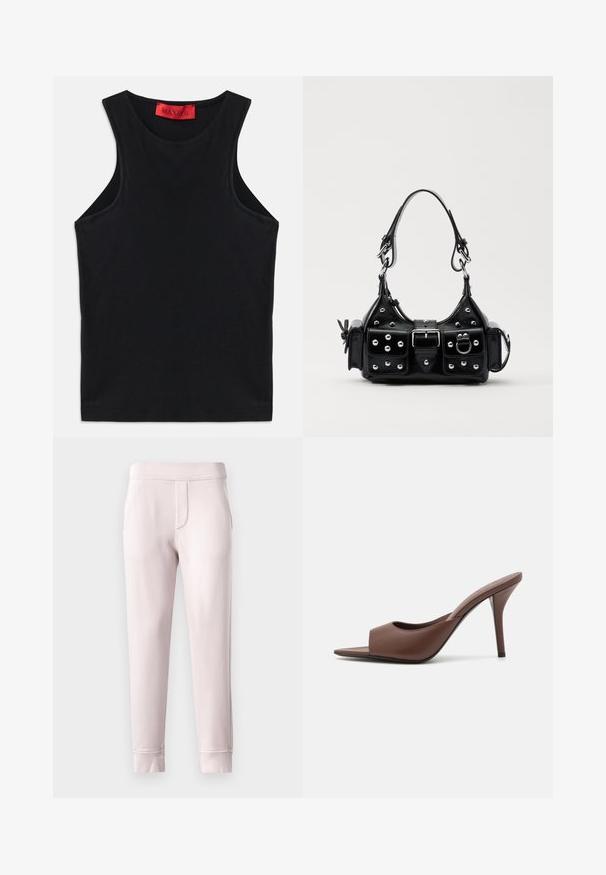 Črna brezrokavna majica, natančno izdelana iz mehke bombažne tkanine. Ima okroglo ovratnik in standardni rob. Preprost dizajn, brez vidnih vzorcev ali dodatkov.; Svetlo roza trenirka iz mehkega materiala, z elastičnim pasom, stranskimi žepi in rebrastimi manšetami na gležnjih.; Rjave usnjene mule z odprtim prstom in visokim peto, s športnim dizajnom, ki vključuje širok sprednji trak in tanek stiletto peto.; Črna usnjena torbica s ukrivljenim dizajnom, ki vsebuje srebrne žebljičke, zaponko in dve stranski žepki. Nastavljiv trak za različne možnosti nošenja.