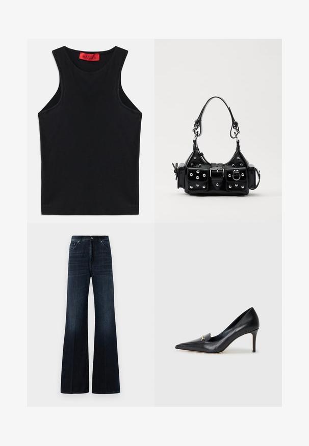 Black sleeveless top made from soft cotton. Features a round neckline and standard hem. Simple design, no visible patterns or accents.; Dark blue high-waist wide-leg jeans with front pockets, belt loops, and a button-and-zip closure.; Black leather pump with a pointed toe, low-cut vamp, and a decorative gold accent. Features a stiletto heel and smooth texture.; Black leather handbag with a curved design, featuring silver studs, a buckle, and two side pockets. Adjustable strap for carrying options.