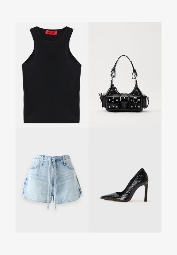 Musta hihaton paita, joka on valmistettu pehmeästä puuvillasta. Siinä on pyöreä kaula-aukko ja normaali helma. Yksinkertainen muotoilu, ei näkyviä kuvioita tai korostuksia.; Vaaleansiniset farkkushortsit, joissa on kiristysvyötärö, viisi taskua ja raakahelma. Kangas on kulutettua tyyliä.; Musta kapea nilkkakorkokenkä krokotiilin nahkakuviolla, joka on varustettu tyylikkäällä muotoilulla, korkealla stiletto-korkealla ja sileällä mustalla sisäosalla.; Musta nahkainen käsilaukku, jossa on kaareva muotoilu, hopeiset niitit, solki ja kaksi sivutaskua. Säädettävä olkahihna erilaisiin kantovaihtoehtoihin.