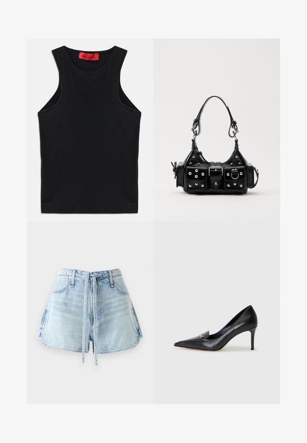 Musta hihaton paita, joka on valmistettu pehmeästä puuvillasta. Siinä on pyöreä kaula-aukko ja normaali helma. Yksinkertainen muotoilu, ei näkyviä kuvioita tai korostuksia.; Vaaleansiniset farkkushortsit, joissa on kiristysvyötärö, viisi taskua ja raakahelma. Kangas on kulutettua tyyliä.; Musta nahkainen korkokenkä, jossa on terävä kärki, matala leikkaus ja koristeellinen kultainen yksityiskohta. Varustettu stilettokannalla ja sileällä pinnalla.; Musta nahkainen käsilaukku, jossa on kaareva muotoilu, hopeiset niitit, solki ja kaksi sivutaskua. Säädettävä olkahihna erilaisiin kantovaihtoehtoihin.