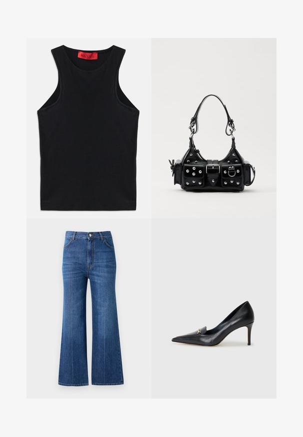Top sin mangas negro hecho de algodón suave. Presenta un escote redondo y un dobladillo estándar. Diseño simple, sin patrones ni acentos visibles.; Pantalones vaqueros de pierna ancha en denim azul oscuro, con una cintura alta, ligeras arrugas y un diseño clásico de cinco bolsillos. Cosidos con hilo de contraste.; Zapato de piel negra con punta afilada, escote bajo y un detalle decorativo dorado. Cuenta con un tacón de aguja y textura suave.; Bolso de mano de cuero negro con un diseño curvado, que cuenta con tachuelas plateadas, una hebilla y dos bolsillos laterales. Correa ajustable para opciones de transporte.