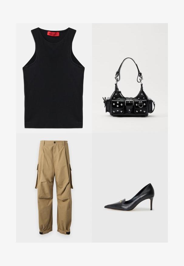 Čierny bezrukávový top vyrobený z jemnej bavlny. Má okrúhly výstrih a štandardný lem. Jednoduchý dizajn, žiadne viditeľné vzory ani akcenty.; Khaki cargo nohavice vyrobené z ľahkého materiálu, s bočnými cargo vreckami, gombíkovým zapínaním a elastickými manžetami na členkoch.; Čierne kožené lodičky s špicatou špičkou, nízkym vampom a dekoratívnym zlatým akcentom. Majú podpätok typu stiletto a hladký povrch.; Čierna kožená kabelka s zakriveným dizajnom, doplnená striebornými cvočkami, prackou a dvoma bočnými vreckami. Nastaviteľný popruh poskytuje rôzne možnosti nosenia.