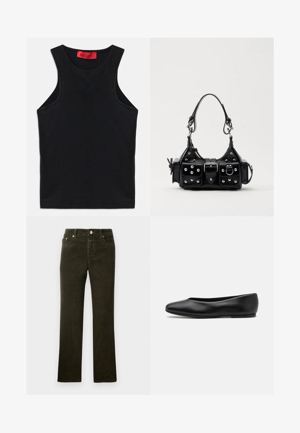Černý bezrukávový top vyrobený z měkké bavlny. Má kulatý výstřih a standardní lem. Jednoduchý design, bez viditelných vzorů nebo akcentů.; Rovné nohavice ve tmavě olivové barvě z kordového materiálu s pětikapsovým designem, kovovým knoflíkem a zipem. Měkká textura s viditelným vzorem kordů.; Paul Smith TOPANGA - Klasické baleríny - black; Černá kožená kabelka s křivkovým designem, zdobená stříbrnými hřebíky, s přezkou a dvěma bočními kapsami. Nastavitelný popruh pro různé možnosti nošení.