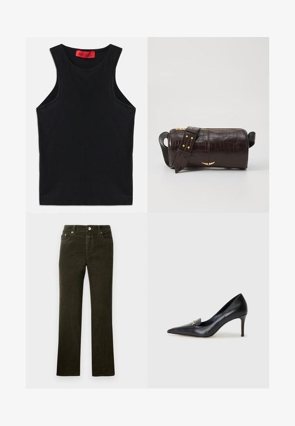Black sleeveless top made from soft cotton. Features a round neckline and standard hem. Simple design, no visible patterns or accents.; Straight-leg, dark olive green corduroy pants with a five-pocket design, metal button, and zip fly. Soft texture with visible cord pattern.; Black leather pump with a pointed toe, low-cut vamp, and a decorative gold accent. Features a stiletto heel and smooth texture.; Brown crocodile-embossed leather bag with a cylindrical shape, gold-tone hardware, and a detachable strap featuring studs.
