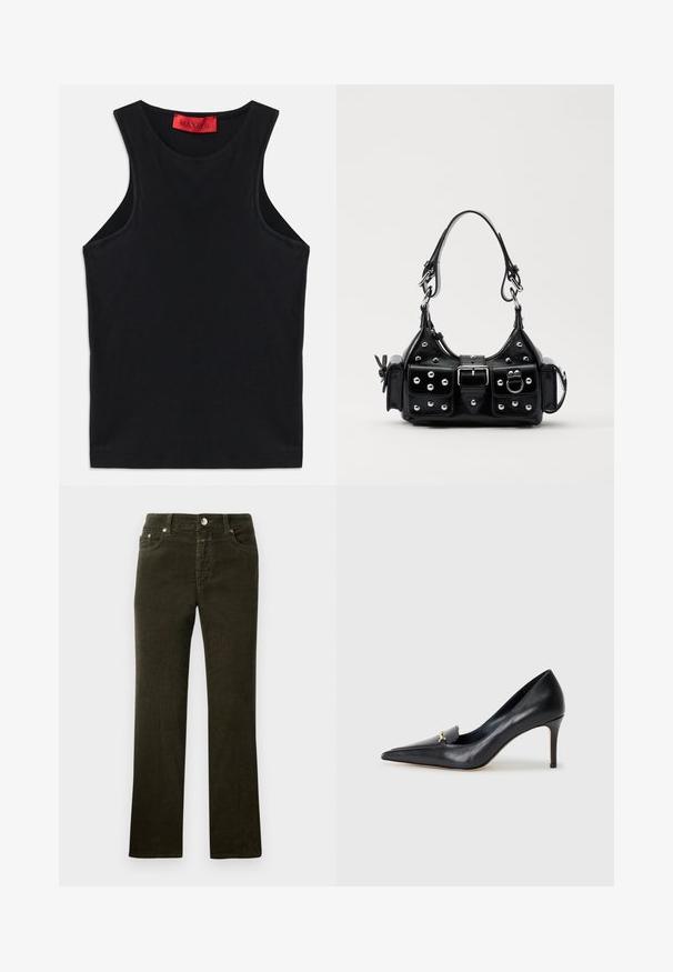 Top sans manches noir en coton doux. Présente un col rond et un ourlet standard. Design simple, sans motifs ni accents visibles.; Pantalons en velours côtelé droit, de couleur vert olive sombre, avec un design à cinq poches, un bouton en métal et une fermeture éclair. Texture douce avec un motif côtelé visible.; Escarpin en cuir noir avec un bout pointu, un décolleté bas et un ornement doré décoratif. Doté d'un talon aiguille et d'une texture lisse.; Sac à main en cuir noir au design courbé, avec des clous en argent, une boucle et deux poches latérales. Bandoulière réglable pour différentes options de transport.