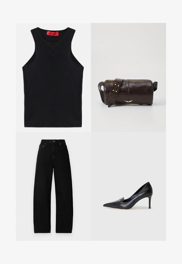 Top sans manches noir en coton doux. Présente un col rond et un ourlet standard. Design simple, sans motifs ni accents visibles.; Jean large en denim noir avec une taille haute, dotée d'une fermeture à bouton à l'avant, de poches et d'une texture lisse et mate.; Escarpin en cuir noir avec un bout pointu, un décolleté bas et un ornement doré décoratif. Doté d'un talon aiguille et d'une texture lisse.; Sac en cuir embossé crocodile marron avec une forme cylindrique, quincaillerie dorée et une bandoulière détachable ornée de clous.