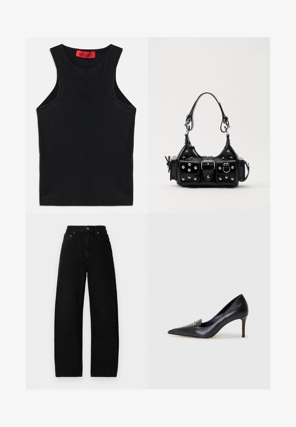 Czarny bezrękawnik wykonany z miękkiej bawełny. Ma okrągły dekolt i standardowy dół. Prosty design, brak widocznych wzorów lub akcentów.; Czarne dżinsy o szerokich nogawkach z wysokim stanem, z przodem zapinanym na guzik, kieszeniami i gładką, matową fakturą.; Czarny skórzany czórek na wysokim obcasie z ostrym noskiem, niskim przodem i dekoracyjnym złotym akcentem. Posiada szpilkowy obcas oraz gładką fakturę.; Czarna skórzana torebka w zakrzywionym kształcie, z srebrnymi ćwiekami, klamrą i dwoma bocznymi kieszeniami. Regulowany pasek umożliwiający różne opcje noszenia.