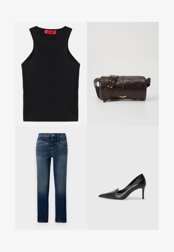 Fekete ujjatlan felső, puha pamutból készült. Kerek nyakkivágással és normál aljjal rendelkezik. Egyszerű dizájn, nincs látható minta vagy díszítés.; Sötétkék farmernadrág egyenes szabással, világos kopásokkal, narancs varrással és gombos derékzárral.; Fekete bőr magassarkú cipő hegyes orral, alacsony dekoltázzsal és díszes arany részlettel. Stiletto sarokkal és sima felülettel rendelkezik.; Barna krokodilbőr hatású bőr táska henger alakú, arany tónusú fémveretekkel és lecsatolható, szegecsekkel díszített pánttal.