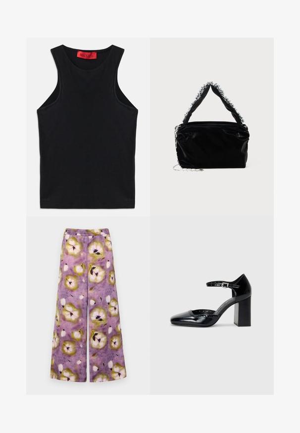 Top sin mangas negro hecho de algodón suave. Presenta un escote redondo y un dobladillo estándar. Diseño simple, sin patrones ni acentos visibles.; MAX&Co. ACRUX - Pantalones - lila; Zapatos de charol negro de tacón alto con punta cuadrada, correa en el tobillo y tacón grueso. Incluye detalles perforados a lo largo del borde.; Bolso de mano negro de imitación cuero con un acabado texturizado, que presenta un acento plateado de cuentas a lo largo del asa superior y una correa de cadena.