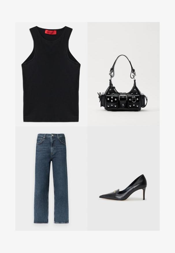 Čierny bezrukávový top vyrobený z jemnej bavlny. Má okrúhly výstrih a štandardný lem. Jednoduchý dizajn, žiadne viditeľné vzory ani akcenty.; Tmavomodré džínsy so širokými nohavicami z denimu, s dizajnom piatich vreciek, s pútkami na opasok a zapínaním na gombík v páse.; Čierne kožené lodičky s špicatou špičkou, nízkym vampom a dekoratívnym zlatým akcentom. Majú podpätok typu stiletto a hladký povrch.; Čierna kožená kabelka s zakriveným dizajnom, doplnená striebornými cvočkami, prackou a dvoma bočnými vreckami. Nastaviteľný popruh poskytuje rôzne možnosti nosenia.