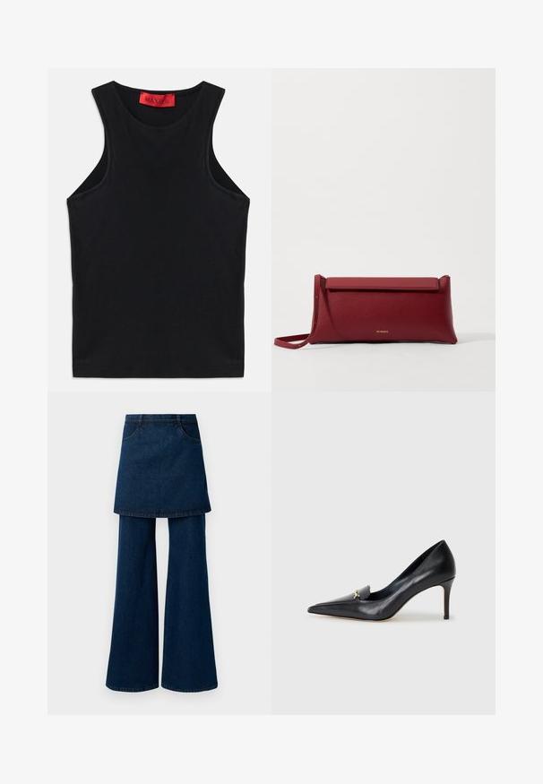 Fekete ujjatlan felső, puha pamutból készült. Kerek nyakkivágással és normál aljjal rendelkezik. Egyszerű dizájn, nincs látható minta vagy díszítés.; Sötét farmernadrág, réteges szoknyabéléssel, széles lábakkal és zsebekkel, tiszta szegéllyel és klasszikus varrással.; Fekete bőr magassarkú cipő hegyes orral, alacsony dekoltázzsal és díszes arany részlettel. Stiletto sarokkal és sima felülettel rendelkezik.; Piros bőr klutcs táska textúrázott felülettel, lapos hajtogatott tetejével és rövid pánttal. Diszkrét márkájú logó elöl.