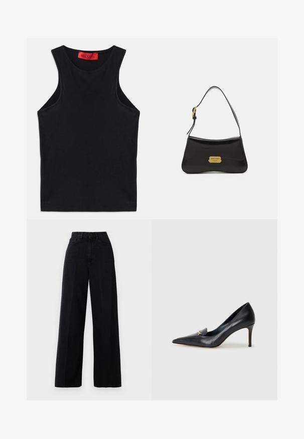 Top preto sem mangas feito de algodão macio. Apresenta um decote redondo e uma bainha standard. Design simples, sem padrões ou acessórios visíveis.; Jeans largos pretos feitos de denim, com uma cintura alta, bolsos frontais e um fecho de botão. O tecido tem uma textura suave.; Sapatilha de couro preto com bico fino, vamp baixo e um detalhe decorativo em ouro. Apresenta um salto agulha e uma textura suave.; Mala de couro preta com um design curvado, placa em ouro com o logotipo como detalhe e uma alça de ombro fina. Textura suave com um acabamento elegante.