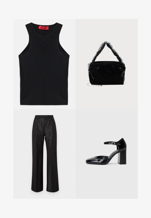Black sleeveless top made from soft cotton. Features a round neckline and standard hem. Simple design, no visible patterns or accents.; Black wide-leg trousers featuring a smooth texture, with a flat front, belt loops, and contrasting satin side panels.; Black patent leather high-heeled shoes with a square toe, ankle strap, and a chunky heel. Includes perforated detailing along the rim.; Black faux leather handbag with a textured finish, featuring a beaded silver accent along the top handle and a chain strap.