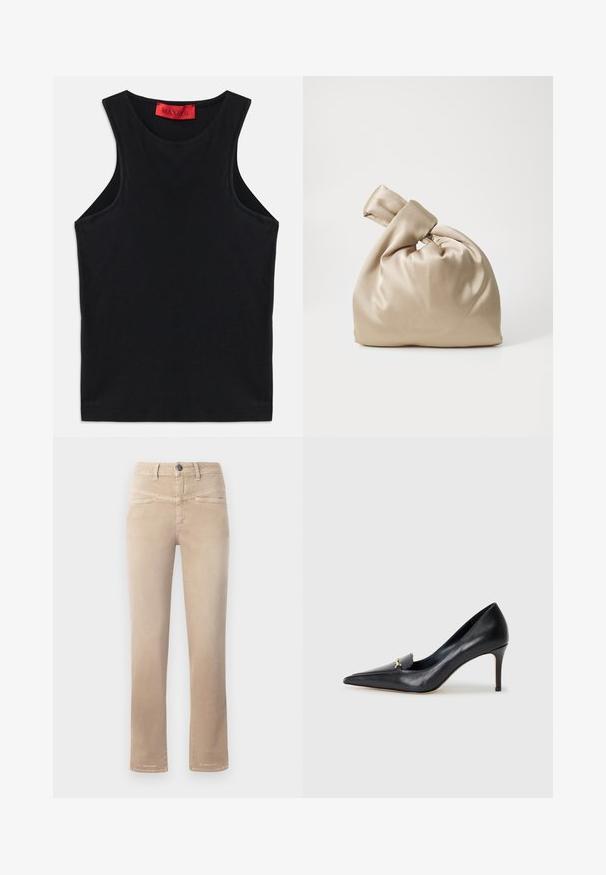 Čierny bezrukávový top vyrobený z jemnej bavlny. Má okrúhly výstrih a štandardný lem. Jednoduchý dizajn, žiadne viditeľné vzory ani akcenty.; Beige rovné nohavice vyrobené z mäkkej tkaniny, s predným zapínaním na gombík, dvoma prednými vreckami a jemnými švovými detailmi.; Čierne kožené lodičky s špicatou špičkou, nízkym vampom a dekoratívnym zlatým akcentom. Majú podpätok typu stiletto a hladký povrch.; Bežová saténová taška s uzlom na vrchu, s jemnou, hladkou textúrou a zaobleným tvarom, navrhnutá tak, aby bola jednoduchá a elegantná.