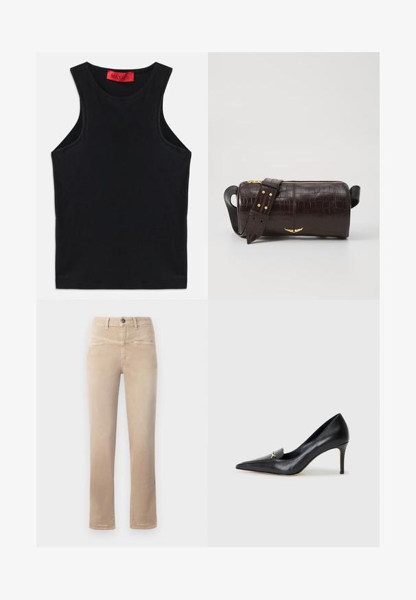 Musta hihaton paita, joka on valmistettu pehmeästä puuvillasta. Siinä on pyöreä kaula-aukko ja normaali helma. Yksinkertainen muotoilu, ei näkyviä kuvioita tai korostuksia.; Beige suorat farkut, jotka on valmistettu pehmeästä kankaasta. Niissä on edessä napilla suljettava vyötärö, kaksi etutaskua ja huomaamattomat ompeluyksityiskohdat.; Musta nahkainen korkokenkä, jossa on terävä kärki, matala leikkaus ja koristeellinen kultainen yksityiskohta. Varustettu stilettokannalla ja sileällä pinnalla.; Ruskea krokotiilinkuosilla varustettu nahkalaukku, jossa on sylinterimäinen muoto, kultasävyiset yksityiskohdat ja irrotettava hihna, jossa on niittejä.