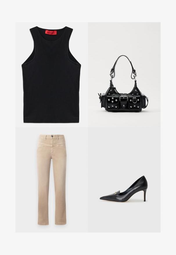 Črna brezrokavna majica, natančno izdelana iz mehke bombažne tkanine. Ima okroglo ovratnik in standardni rob. Preprost dizajn, brez vidnih vzorcev ali dodatkov.; Bež tr straight-leg kavbojke, izdelane iz mehkega blaga, s sprednjim gumbom za zapiranje, dvema sprednjima žepoma in diskretnimi detajli šivanja.; Črne usnjene pumpe s špicastim nosom, nizkim vampom in dekorativnim zlatim akcentom. Imajo stiletto peto in gladko teksturo.; Črna usnjena torbica s ukrivljenim dizajnom, ki vsebuje srebrne žebljičke, zaponko in dve stranski žepki. Nastavljiv trak za različne možnosti nošenja.