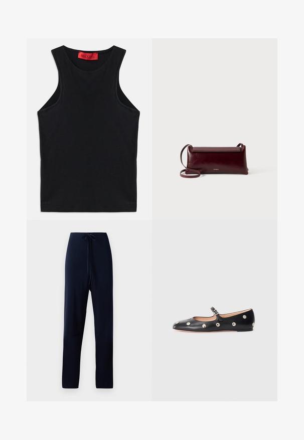 Black sleeveless top made from soft cotton. Features a round neckline and standard hem. Simple design, no visible patterns or accents.; Navy blue trousers made of soft fabric, featuring a drawstring waist, straight legs, and a smooth texture without patterns or accents.; Black leather Mary Jane flat shoe with a rounded toe, featuring silver circular studs and an adjustable strap with a buckle.; Burgundy leather crossbody bag with a smooth texture, rectangular shape, flap closure, and a thin adjustable strap. Gold logo detail visible.