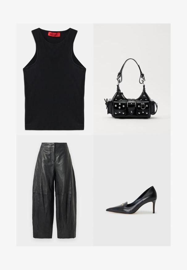 Must olnud mustast pehmest puuvillast. Omab ümmargust kaelust ja tavalist allserva. Lihtne disain, ilma nähtavate mustrite või aktsentideta.; Mustad nahast laiad püksid kõrge vöökohaga, millel on õrnad õmblused ja sile tekstuur. Lühendatud pikkus kuni poolenisti säärele.; Mustmust musta kinga terava nina, madala lõikega vamp ja dekoratiivne kuldne aksessuaar. Omab stilettokandikut ja sileda tekstuuri.; Must värvi nahast käekott, millel on kaarjas disain, hõbedased nupukesed, kinnitusahe ja kaks külgtaskut. Reguleeritav rihm erinevate kandmisvõimaluste jaoks.