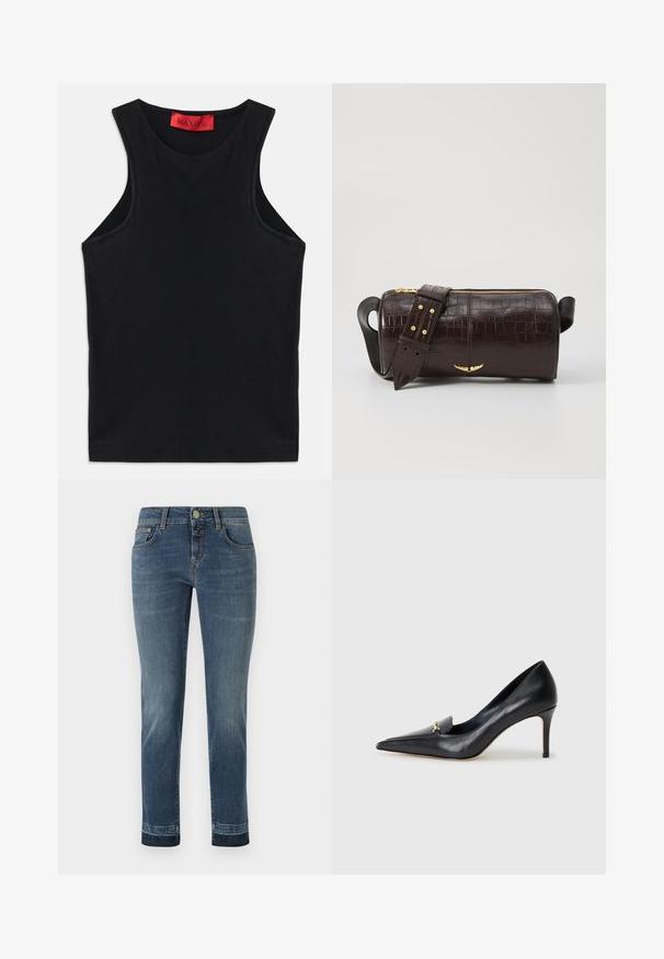 Top preto sem mangas feito de algodão macio. Apresenta um decote redondo e uma bainha standard. Design simples, sem padrões ou acessórios visíveis.; Jeans de ganga azul-escura com corte straight-leg, apresentando um fecho de botão clássico e cinco bolsos. Desgaste leve nas coxas.; Sapatilha de couro preto com bico fino, vamp baixo e um detalhe decorativo em ouro. Apresenta um salto agulha e uma textura suave.; Bolsa de couro com textura de crocodilo na cor marrom, com forma cilíndrica, metalizações em tom dourado e uma alça destacável com tachas.