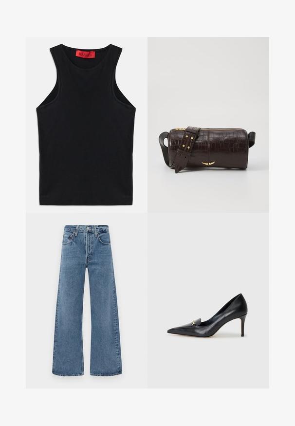 Black sleeveless top made from soft cotton. Features a round neckline and standard hem. Simple design, no visible patterns or accents.; Wide-leg, blue denim jeans with a classic five-pocket design, button closure, and faded texture, featuring raw edge hems.; Black leather pump with a pointed toe, low-cut vamp, and a decorative gold accent. Features a stiletto heel and smooth texture.; Brown crocodile-embossed leather bag with a cylindrical shape, gold-tone hardware, and a detachable strap featuring studs.