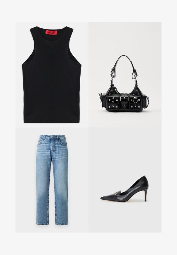 Melnā bez piedurknēm augšdaļa, izgatavota no mīksta kokvilnas. Tam ir apaļa kakla izgriezums un standarta apakšmalas. Vienkāršs dizains, nav redzamu rakstu vai akcentu.; Vieglā zila denima džinsi ar taisnu kāju dizainu, redzamām šuvēm, pogu aizdari un piecām kabatām.; Melnas ādas sūkņi ar norādītu pirkstu, zemu griezumu un dekoratīvu zelta akcentu. Iezīmējas ar stiletto papēdi un gludu tekstūru.; Melnas ādas rokturmais ar izliekumu, ar sudraba iedurtiem, sprādzi un divām sānu kabatām. Regulējams siksniņas garums dažādām nēsāšanas iespējām.