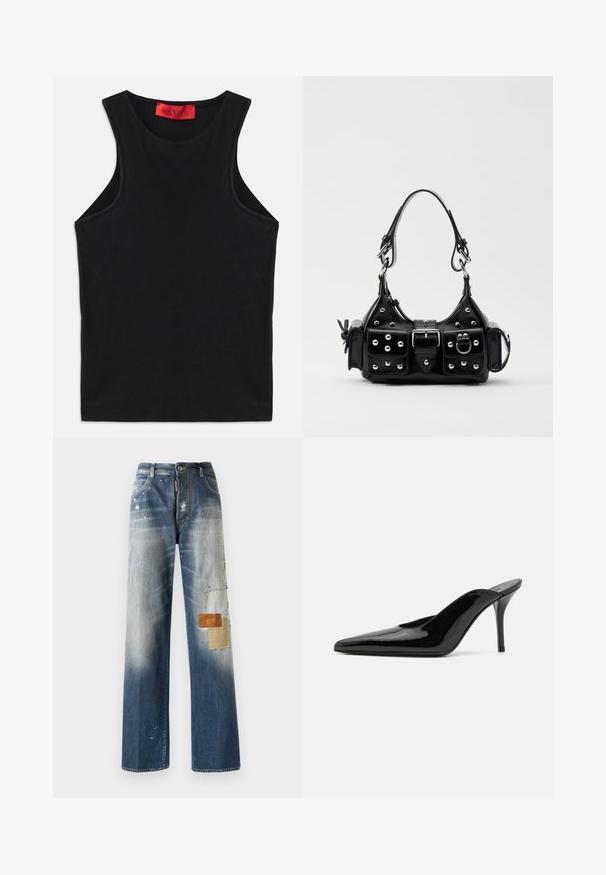 Musta hihaton paita, joka on valmistettu pehmeästä puuvillasta. Siinä on pyöreä kaula-aukko ja normaali helma. Yksinkertainen muotoilu, ei näkyviä kuvioita tai korostuksia.; Siniset farkut, joissa on löysä istuvuus, haalistuneita kohtia ja erilaisia ruskeita ja beigejä tekokohouksia vasemmassa lahkeessa. Kevyttä kulutusta näkyvissä.; Mustat patentoidut korkeakorkoiset mulesandaalit, joissa on terävä kärki ja sulavalinjainen siluetti. Kenkäparissa on avonainen takaosa ja hoikka stiletto-korko.; Musta nahkainen käsilaukku, jossa on kaareva muotoilu, hopeiset niitit, solki ja kaksi sivutaskua. Säädettävä olkahihna erilaisiin kantovaihtoehtoihin.