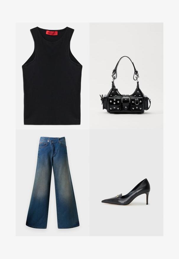 Crna majica bez rukava izrađena od mekog pamuka. Ima okrugli izrez i standardni rub. Jednostavan dizajn, bez vidljivih uzoraka ili akcenta.; Kovrčave plave traperice širokih nogavica, izrađene od traper materijala, s blago izblijedjelim završetkom, vidljivim šavovima, dva prednja džepa i zatvaranjem na dugme.; Crne kožne štikle s oštrim vrhom, niskim dekolteom i dekorativnim zlatnim naglaskom. Imaju štiklu i glatku teksturu.; Crna kožna torba s zakrivljenim dizajnom, koja sadrži srebrne zakovice, kopču i dva bočna džepa. Podesiva traka za različite opcije nošenja.
