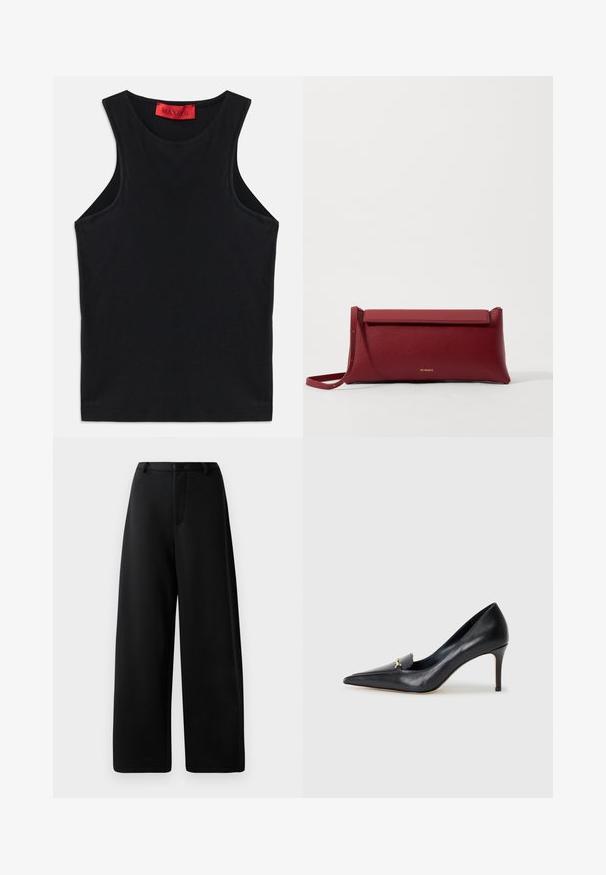 Black sleeveless top made from soft cotton. Features a round neckline and standard hem. Simple design, no visible patterns or accents.; Black wide-leg trousers made of smooth fabric, featuring a flat front, belt loops, and a zip fly; no visible pockets or hardware details.; Black leather pump with a pointed toe, low-cut vamp, and a decorative gold accent. Features a stiletto heel and smooth texture.; Red leather clutch bag with a textured finish, featuring a flat fold-over top and a short strap. Subtle brand logo on the front.