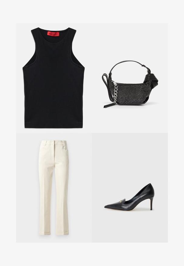 Top negru fără mâneci, fabricat din bumbac moale. Featurează un gât rotund și un tiv standard. Design simplu, fără modele sau accente vizibile.; Pantaloni bej cu croi drept, realizați dintr-un material din bumbac, având talie medie, buzunare frontale și o textură subtilă pe suprafață.; Pantof cu toc din piele neagră, cu vârf ascuțit, decolteu adânc și un accent decorativ auriu. Prezintă un toc stiletto și o textură netedă.; Geantă neagră cu embellishments cu ținte, curea din lanț și mânere din piele netedă, având o formă rotundă și un compartiment cu fermoar.