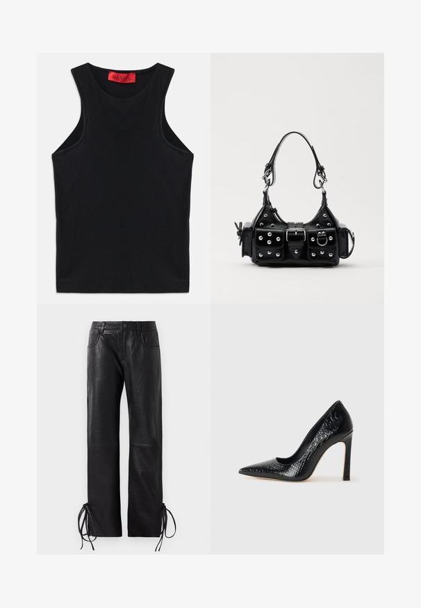 Schwarzes ärmelloses Oberteil aus weichem Baumwollstoff. Mit Rundhalsausschnitt und normalem Saum. Einfaches Design, ohne sichtbare Muster oder Akzente.; Schwarze Lederhosen mit einer leicht strukturierten Oberfläche, geradem Beinschnitt und verstellbaren Schnürsenkeln am Saum für eine anpassbare Passform.; Schwarzer, spitz zulaufender High Heel mit Krokodilleder-Struktur, elegantem Design, hohem Stiletto-Absatz und glattem schwarzen Innenraum.; Schwarze Lederhandtasche mit einem geschwungenen Design, verziert mit silbernen Nieten, einer Schnalle und zwei seitlichen Taschen. Verstellbarer Träger für verschiedene Tragemöglichkeiten.
