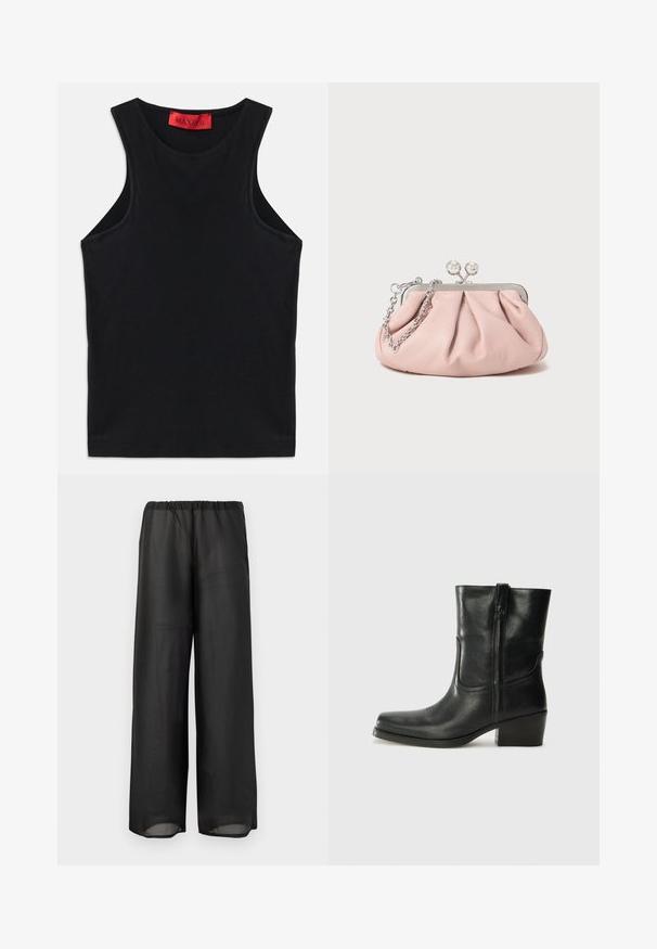 Musta hihaton paita, joka on valmistettu pehmeästä puuvillasta. Siinä on pyöreä kaula-aukko ja normaali helma. Yksinkertainen muotoilu, ei näkyviä kuvioita tai korostuksia.; Mustat leveät housut, jotka on valmistettu kevyestä, puoliksi läpinäkyvästä kankaasta, jossa on joustava vyötärö. Suunnittelu tarjoaa sulavan ja rentouttavan siluetin.; Musta nahkasaapas nilkkamittaisella varrella, pyöreällä kärjellä, lohkarekorolla, sivuvetoketjulla ja ompeluaksentilla varren yläosassa. Suora pinta, klassinen muotoilu.; Vaaleanpunainen nahkakuuloket pursotettu muotoilun laukku, metallirunko, kaksi pyöreää lukkoa ja hopeaketjuolkaimet. Sileä pinta, kompaktin muotoinen.