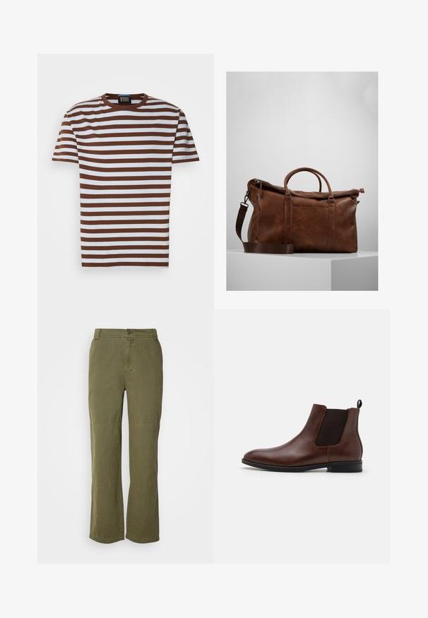 Brown and white striped T-shirt with a round neck, short sleeves, and a ribbed texture. Label visible at the neckline.; Olive green cotton pants with a straight leg design, visible button closure, and knee seam accents for added detail and structure.; Pier One LEATHER - Classic ankle boots - dark brown; Brown leather duffle bag with a zip closure, double handles, adjustable shoulder strap, and visible texture patterns on the surface.
