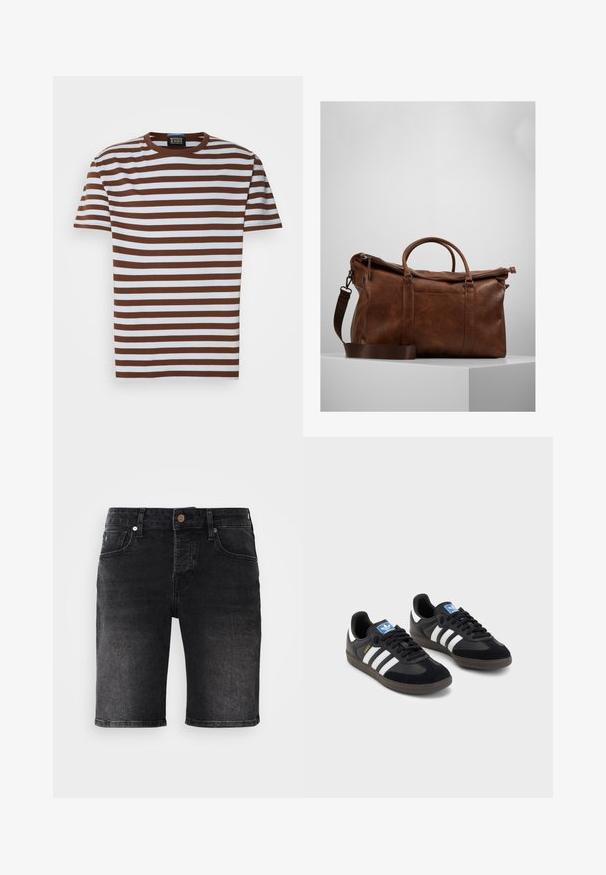 Ruskea ja valkoinen raidallinen T-paita, jossa on pyöreä kaula-aukko, lyhyet hihat ja ribbitettu pinta. Tunnus näkyvissä kaula-aukossa.; Mustat farkkushortsit suoralinjalla, viiden taskun designilla ja erottuvalla ompelulla. Varustettu metallinappilla ja tummalla pesutekstuurilla.; Mustat lenkkarit, joissa on mokkanahka- ja synteettinen päällinen, kolmella valkoisella raidalla, tekstuurilla varustettu kumipohja ja sininen logo-etiketti kielellä.; Ruskea nahkainen laukku, jossa on vetoketjuluukku, kaksinkertaiset kahvat, säädettävä olkahihna ja pinnassa näkyviä tekstuurikuviota.