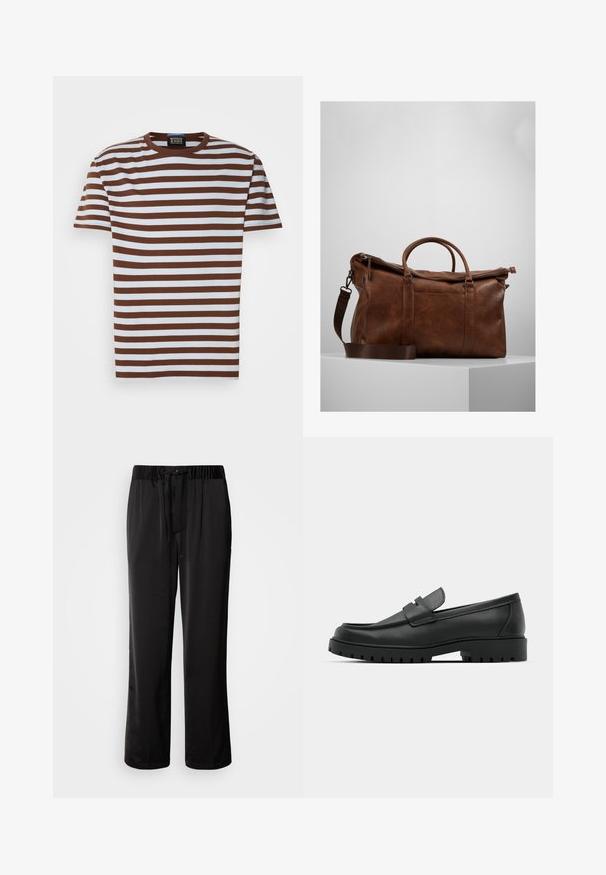 Brun og hvid stribet T-shirt med rund hals, korte ærmer og ribbet tekstur. Etiketten er synlig ved halsudskæringen.; Sorte, løstsiddende bukser med elastisk talje og justerbar snøre. Glat stof med detaljer ved sidesømmen, ingen lommer.; Sorte læder loafers med rund tå, der har et syet design, lav platformssål og en struktureret, skridsikker gummisål.; Brun læder gymtaske med lynlåslukning, dobbelte håndtag, justerbar skulderrem og synlige teksturmønstre på overfladen.