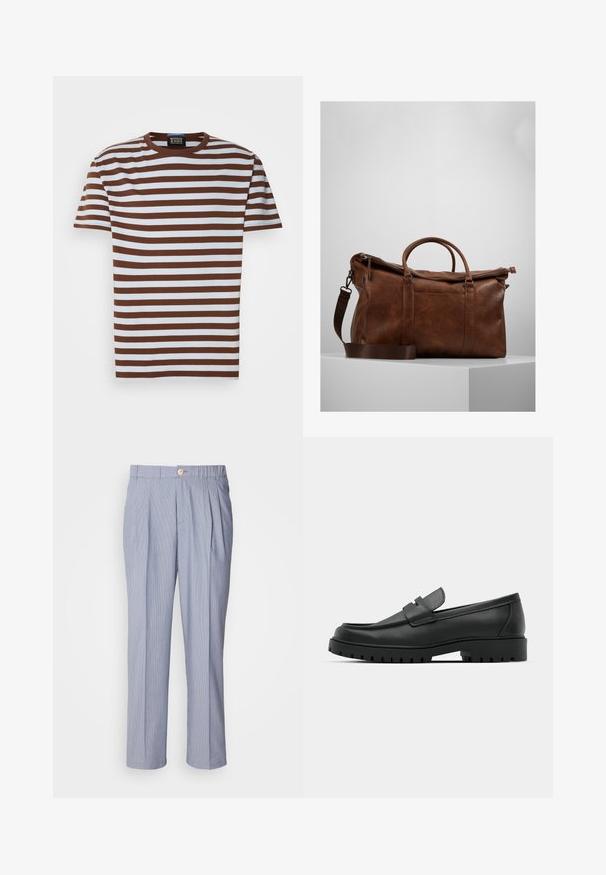 Camiseta de rayas marrones y blancas con cuello redondo, mangas cortas y textura acanalada. Etiqueta visible en el escote.; Pantalones rayados en azul claro y blanco, con cierre de botón, frente plisado y diseño de pierna recta. Tejido de textura suave.; Mocasines de cuero negro con punta redonda, que cuentan con un diseño cosido, suela de plataforma baja y una suela de goma texturada y con tacos.; Bolsa de viaje de cuero marrón con cierre de cremallera, doble asa, correa de hombro ajustable y patrones de textura visibles en la superficie.