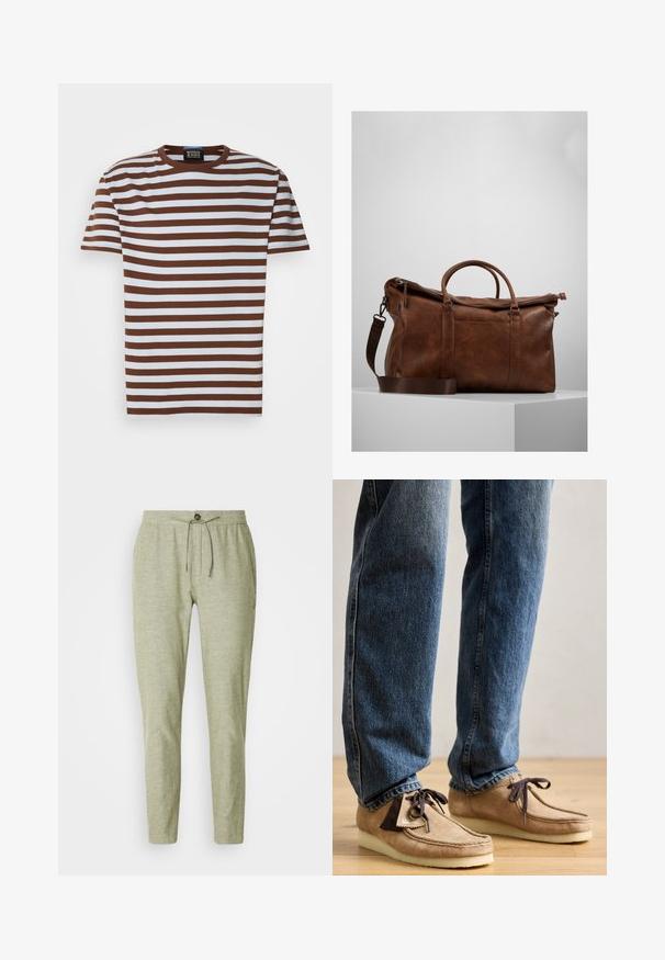 Bruine en witte gestreepte T-shirt met een ronde hals, korte mouwen en een ribbelstructuur. Label zichtbaar bij de halslijn.; Lichtgroene joggerbroeken van een gestructureerde stof, met een elastische tailleband met trekkoord en een knoopdetail aan de voorkant.; Suède mocassins in tan met een donkerbruin accent, ronde neus en een zachte witte zool. Beschikt over een vetersluiting en gestikte details.; Bruine leren sporttas met een ritssluiting, dubbele handvaten, een verstelbare schouderband en zichtbare textuurpatronen op het oppervlak.