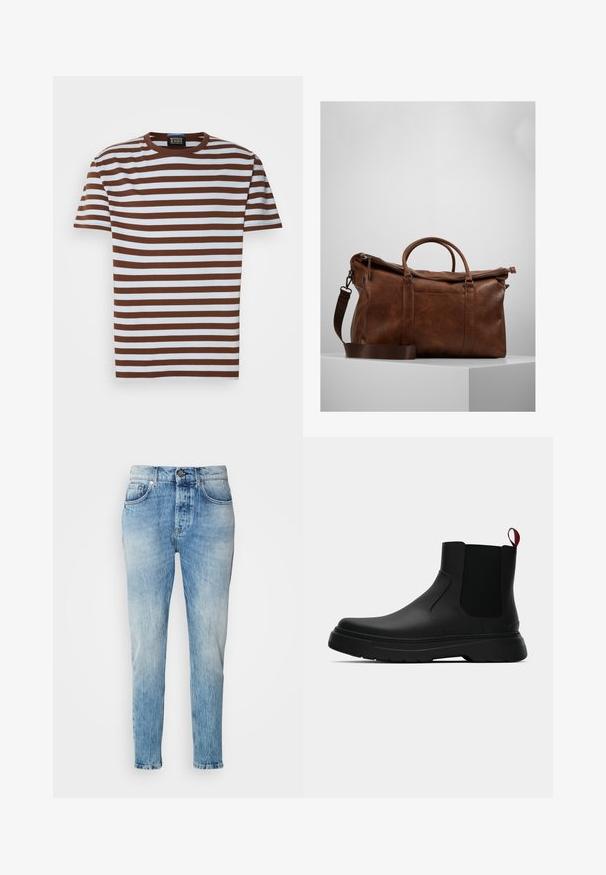 T-shirt a righe marroni e bianche con colletto tondo, maniche corte e texture a costine. Etichetta visibile sul colletto.; Jeans in denim azzurro chiaro con un lavaggio sbiadito, design a gamba dritta, cinque tasche e chiusura con bottone in metallo. Preziosi effetti di usura sui fianchi.; Stivale alla caviglia nero con finitura liscia, pannelli laterali elastici e un tab di presa rosso a contrasto, dotato di una suola in gomma spessa e punta arrotondata.; Borsa da viaggio in pelle marrone con chiusura a zip, doppie maniglie, tracolla regolabile e motivi di texture visibili sulla superficie.