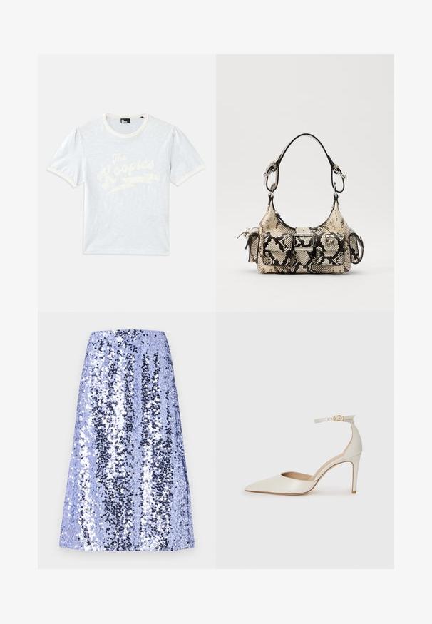 Tricou albăstruie cu mânecă scurtă și guler crem, cu mâneci bufante, având text alb "The Kooples" și un design cu fulger.; O fustă până la genunchi, confecționată din paiete albastre strălucitoare, având accente negre, cu o croială dreaptă și o textură netedă.; Pantofii înalți din piele albă, cu vârf ascuțit, curea la gleznă și toc subțire de tip stiletto. Textură netedă cu un finisaj subtil lucios.; Geantă de mână Python-print, în nuanțe de bej și negru, având o formă structurată, detaliu cu cataramă și două mânere pentru umăr. Suprafață texturată.
