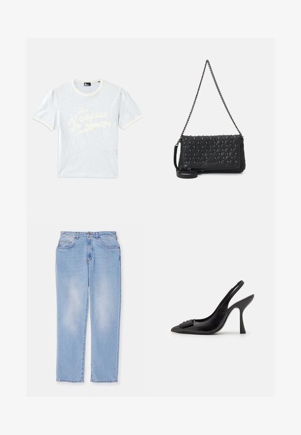 Šviesiai mėlynas trumpas rankovėmis marškinėliai su kreminiu apykakle ir pūstomis rankovėmis, su balta užrašu "The Kooples" ir žaibo simboliu.; Šviesiai mėlyni džinsai su tiesiomis kojomis, turintys penkis kišenes, užsegimą mygtuku ir užtrauktuku, bei minimalų blyškumą.; Juoda odinė slingback tipo avalynė su smailiu pirštu, siauru aukštu kulnu ir dekoratyvine kaspino akcentu. Lygi tekstūra ir elegantiškas dizainas.; Juodas apklijuotas odinis krepšys su grandinės dirželiu, papuoštas kaukolės akcentais ir užtrauktuku. Strukturizuotas paviršius su blizgiu apdailu.