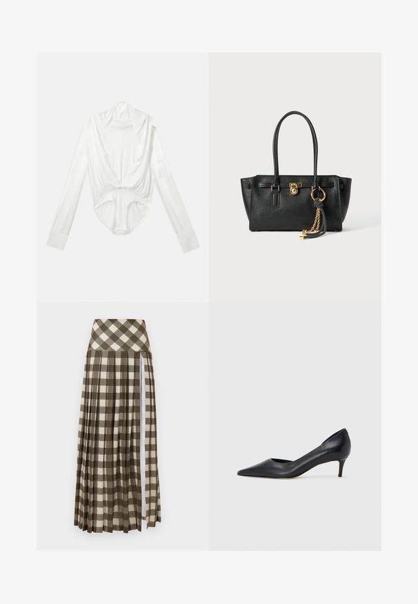 Bodysuit branco de mangas longas com decote profundo e fecho de mola na zona da virilha, apresentado sobre um fundo branco liso.; Saia longa e plissada com um padrão xadrez castanho e bege. Design de cintura alta com uma fenda lateral e textura de tecido suave.; Sapato de salto alto preto em pele com bico fino e salto baixo. Apresenta uma textura suave e brilho subtil. Corte aberto na parte da frente para um detalhe adicional.; Bolsa de pele preta com alças duplas, fecho dourado e detalhe em corrente, além de um acessório de tassel preto e branco, contra um fundo branco.